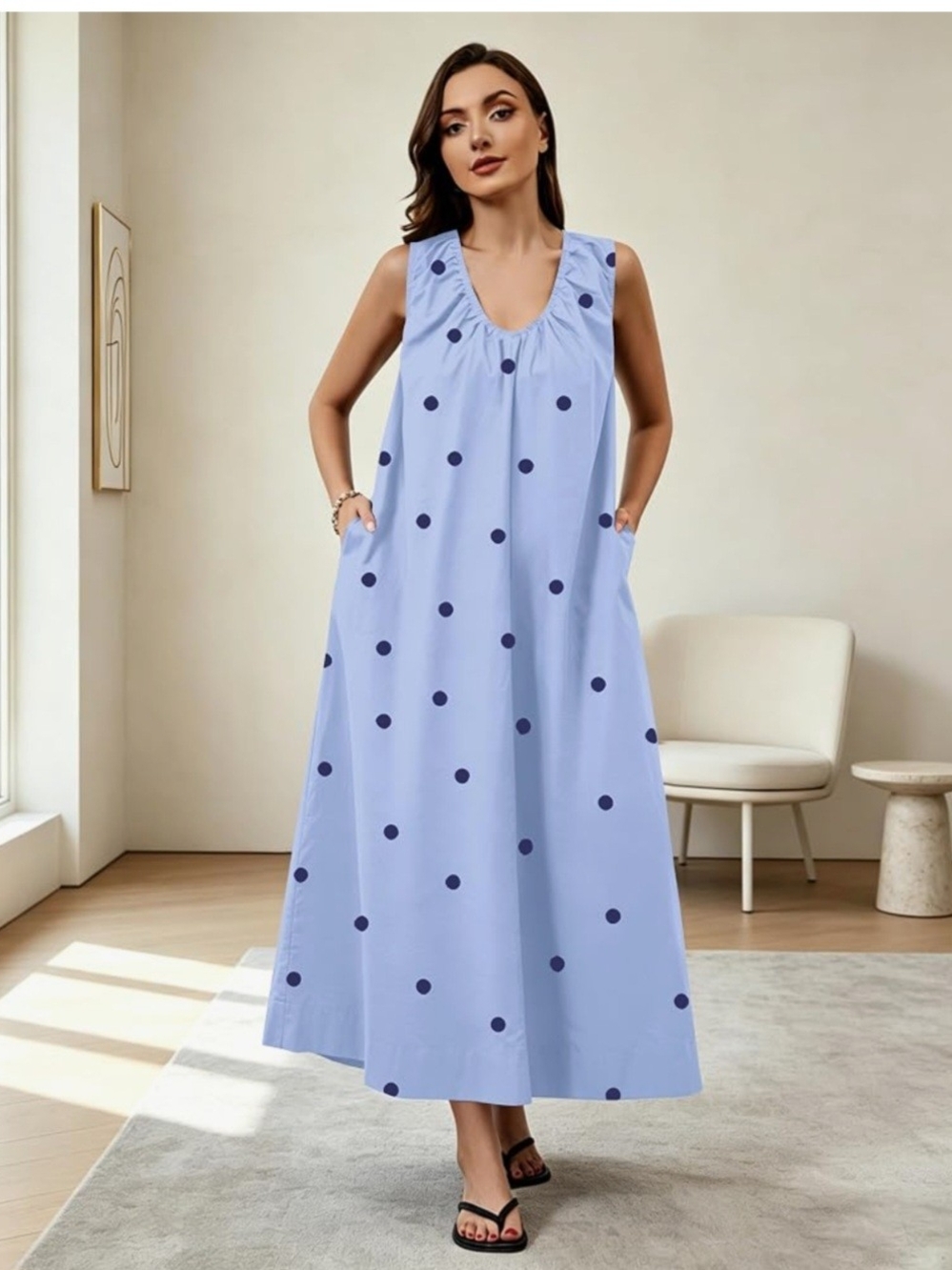 Scoop Neck Ruched Loose Fit Casual Elegant Solid Vacation Long Dress with Pocket